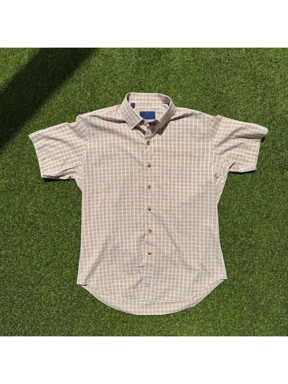David Donahue Alabama Script A Shirt Mens L Tan Plaid Short Sleeve Button Up
